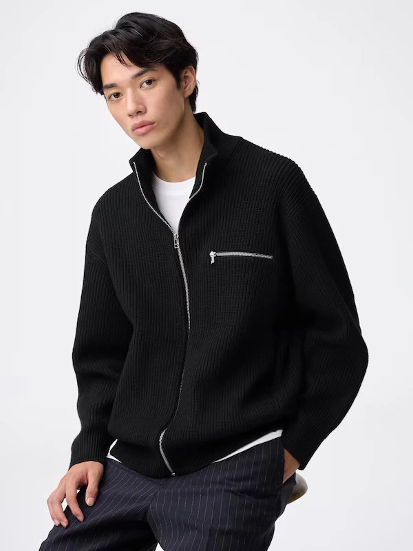 Rib Stitched Full-Zip Knitted Jacket