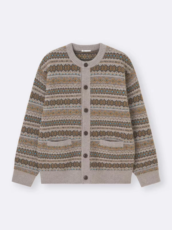 Puff Knit Fair Isle Crew Neck Cardigan 6 Puff Knit Fair Isle Crew Neck Cardigan