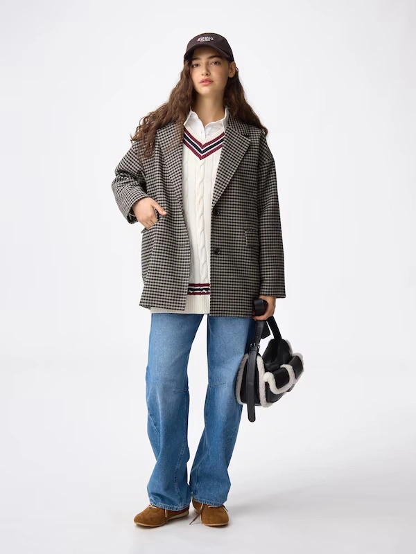 COZY MELTON Checked Half Coat