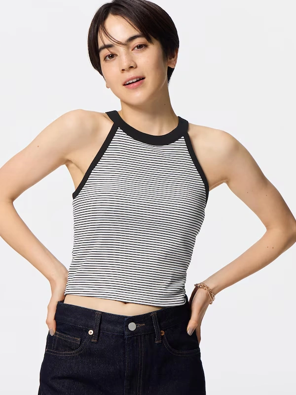 Bra-Feel Cropped Halter Neck Tank Top | Striped