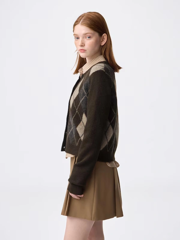 Puff Knit Argyle Crew Neck Cardigan 3 Puff Knit Argyle Crew Neck Cardigan