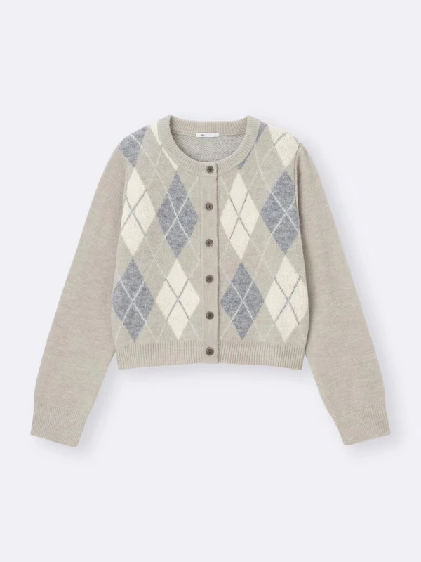 Puff Knit Argyle Crew Neck Cardigan 5 Puff Knit Argyle Crew Neck Cardigan