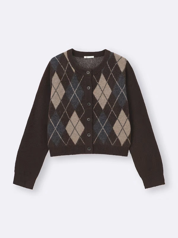Puff Knit Argyle Crew Neck Cardigan 6 Puff Knit Argyle Crew Neck Cardigan