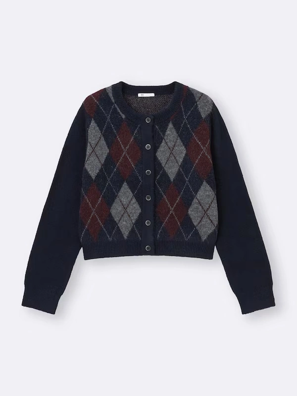 Puff Knit Argyle Crew Neck Cardigan 7 Puff Knit Argyle Crew Neck Cardigan